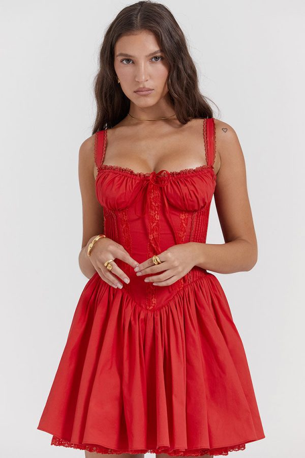 Sexy Lace Square Neck Tie Front Lace Up Back Drop Waist Mini Sundress - Red Sexy Lace Square Neck Tie Front Lace Up Back Drop Waist Mini Sundress - Red