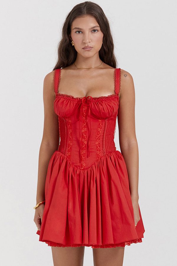 Sexy Lace Square Neck Tie Front Lace Up Back Drop Waist Mini Sundress - Red Sexy Lace Square Neck Tie Front Lace Up Back Drop Waist Mini Sundress - Red