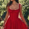 Sexy Lace Square Neck Tie Front Lace Up Back Drop Waist Mini Sundress - Red Sexy Lace Square Neck Tie Front Lace Up Back Drop Waist Mini Sundress - Red