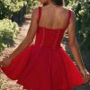 Sexy Lace Square Neck Tie Front Lace Up Back Drop Waist Mini Sundress - Red Sexy Lace Square Neck Tie Front Lace Up Back Drop Waist Mini Sundress - Red