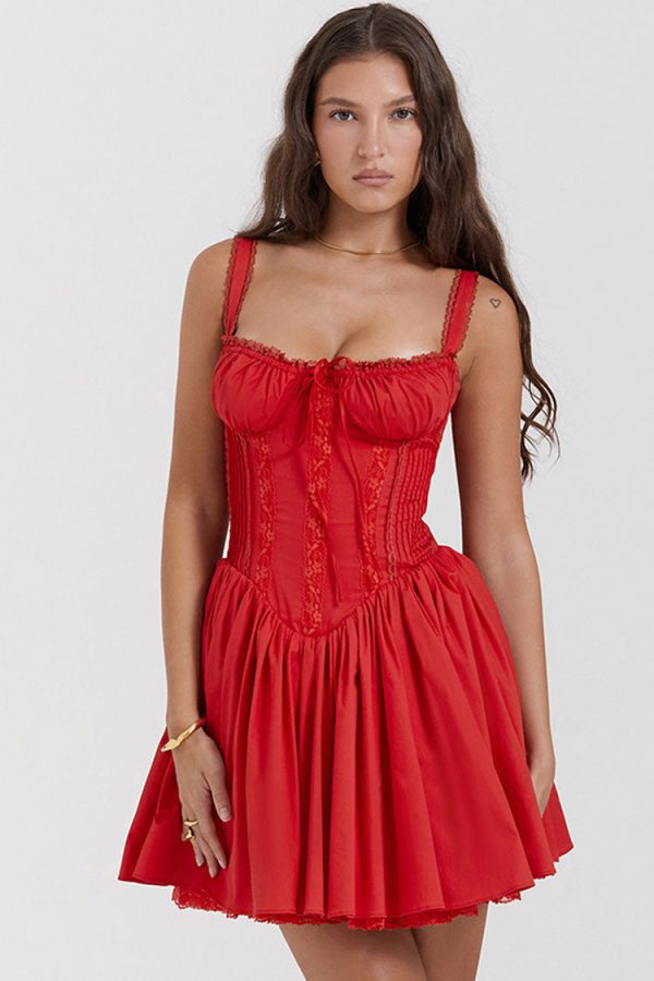 Sexy Lace Square Neck Tie Front Lace Up Back Drop Waist Mini Sundress - Red Sexy Lace Square Neck Tie Front Lace Up Back Drop Waist Mini Sundress - Red