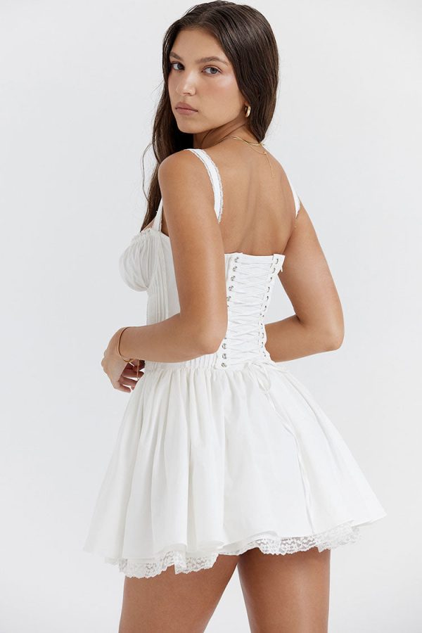 Sexy Lace Square Neck Tie Front Lace Up Back Drop Waist Mini Sundress - White Sexy Lace Square Neck Tie Front Lace Up Back Drop Waist Mini Sundress - White