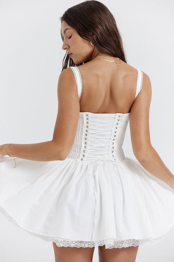 Sexy Lace Square Neck Tie Front Lace Up Back Drop Waist Mini Sundress - White Sexy Lace Square Neck Tie Front Lace Up Back Drop Waist Mini Sundress - White