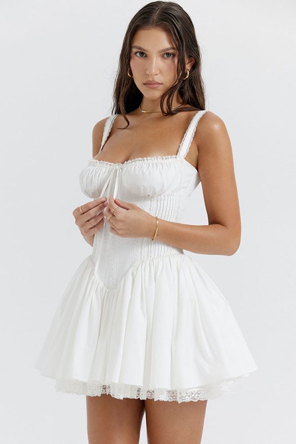 Sexy Lace Square Neck Tie Front Lace Up Back Drop Waist Mini Sundress - White Sexy Lace Square Neck Tie Front Lace Up Back Drop Waist Mini Sundress - White