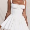 Sexy Lace Square Neck Tie Front Lace Up Back Drop Waist Mini Sundress - White Sexy Lace Square Neck Tie Front Lace Up Back Drop Waist Mini Sundress - White