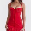 Sexy Lace Trim Sweetheart Neck Button Trim Fitted Slip Mini Sundress - Red Sexy Lace Trim Sweetheart Neck Button Trim Fitted Slip Mini Sundress - Red