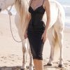 Sexy Party Lace Up Belt V Neck Lace Satin Slip Midi Dress - Black Sexy Party Lace Up Belt V Neck Lace Satin Slip Midi Dress - Black