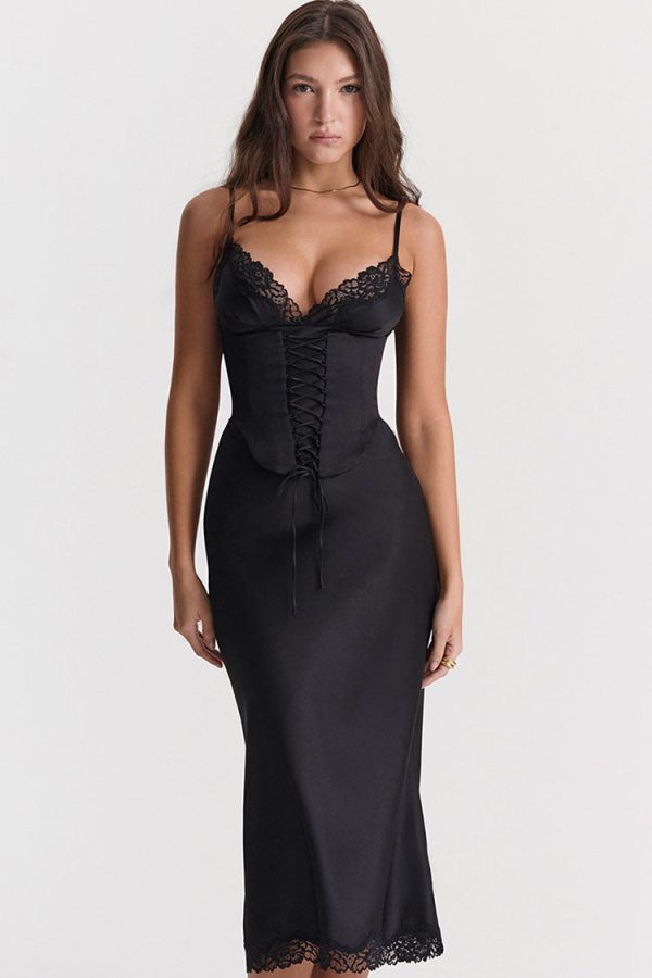 Sexy Party Lace Up Belt V Neck Lace Satin Slip Midi Dress - Black Sexy Party Lace Up Belt V Neck Lace Satin Slip Midi Dress - Black