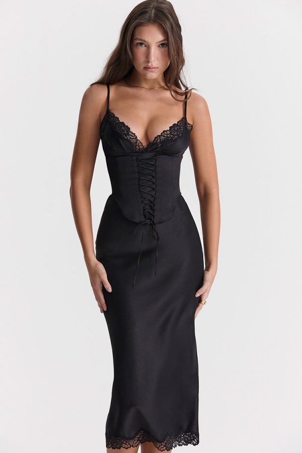 Sexy Party Lace Up Belt V Neck Lace Satin Slip Midi Dress - Black Sexy Party Lace Up Belt V Neck Lace Satin Slip Midi Dress - Black
