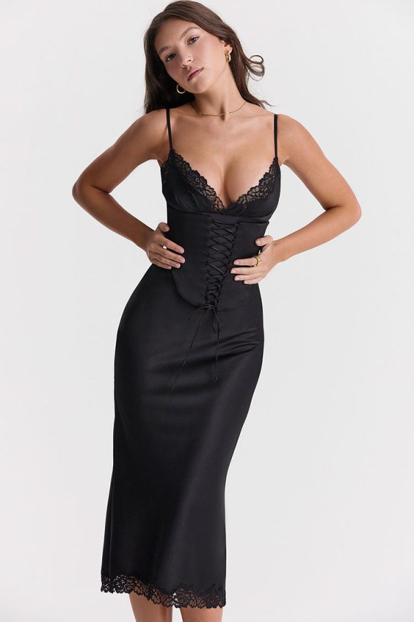Sexy Party Lace Up Belt V Neck Lace Satin Slip Midi Dress - Black Sexy Party Lace Up Belt V Neck Lace Satin Slip Midi Dress - Black