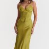 Sexy Party Lace Up Belt V Neck Lace Satin Slip Midi Dress - Chartreuse