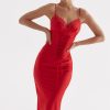 Sexy Party Lace Up Belt V Neck Lace Satin Slip Midi Dress - Red Sexy Party Lace Up Belt V Neck Lace Satin Slip Midi Dress - Red