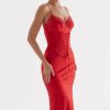 Sexy Party Lace Up Belt V Neck Lace Satin Slip Midi Dress - Red Sexy Party Lace Up Belt V Neck Lace Satin Slip Midi Dress - Red
