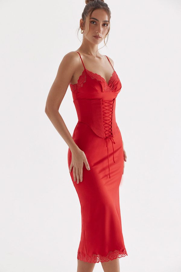 Sexy Party Lace Up Belt V Neck Lace Satin Slip Midi Dress - Red Sexy Party Lace Up Belt V Neck Lace Satin Slip Midi Dress - Red