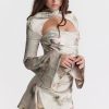 Sexy Printed High Neck Cutout Draped Long Sleeve Satin Mini Dress - Floral