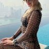 Sexy Round Neck Long Sleeve Faux Pearl Split Sheer Mesh Maxi Dress - Black Sexy Round Neck Long Sleeve Faux Pearl Split Sheer Mesh Maxi Dress - Black