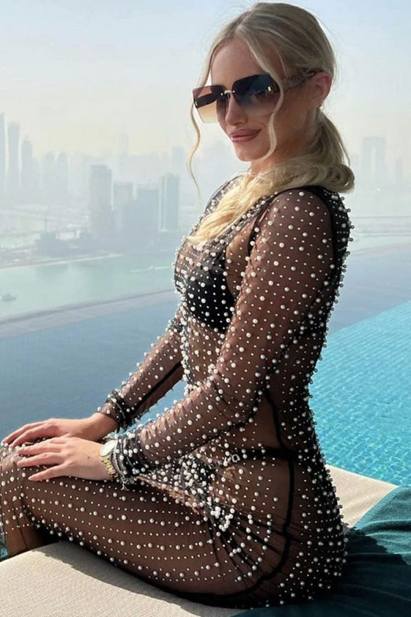 Sexy Round Neck Long Sleeve Faux Pearl Split Sheer Mesh Maxi Dress - Black Sexy Round Neck Long Sleeve Faux Pearl Split Sheer Mesh Maxi Dress - Black