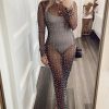 Sexy Round Neck Long Sleeve Faux Pearl Split Sheer Mesh Maxi Dress - Black Sexy Round Neck Long Sleeve Faux Pearl Split Sheer Mesh Maxi Dress - Black