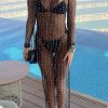 Sexy Round Neck Long Sleeve Faux Pearl Split Sheer Mesh Maxi Dress - Black Sexy Round Neck Long Sleeve Faux Pearl Split Sheer Mesh Maxi Dress - Black