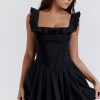 Sexy Ruffle Square Neck Frilled Fit and Flare Drop Waist Summer Mini Sundress - Black