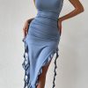Sexy Ruffle Strappy High Split Bodycon Tube Party Midi Dress - Dusty Blue Sexy Ruffle Strappy High Split Bodycon Tube Party Midi Dress - Dusty Blue