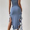 Sexy Ruffle Strappy High Split Bodycon Tube Party Midi Dress - Dusty Blue Sexy Ruffle Strappy High Split Bodycon Tube Party Midi Dress - Dusty Blue