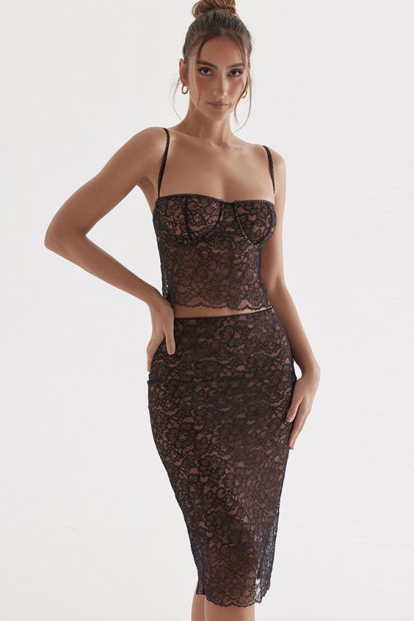 Sexy Scalloped Floral Lace Bra Top Midi Skirt Two Piece Dress - Black Sexy Scalloped Floral Lace Bra Top Midi Skirt Two Piece Dress - Black