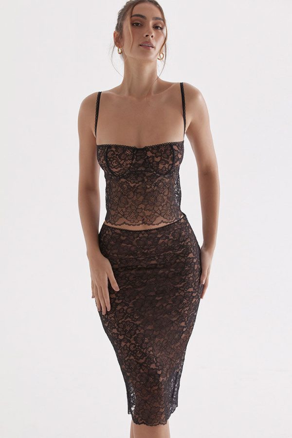 Sexy Scalloped Floral Lace Bra Top Midi Skirt Two Piece Dress - Black Sexy Scalloped Floral Lace Bra Top Midi Skirt Two Piece Dress - Black
