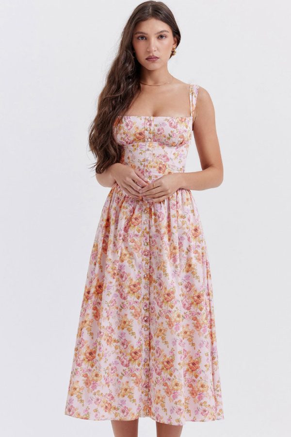 Sexy Square Neck Button Down Lace Up Fit & Flare Printed Midi Sundress - Floral Sexy Square Neck Button Down Lace Up Fit & Flare Printed Midi Sundress - Floral