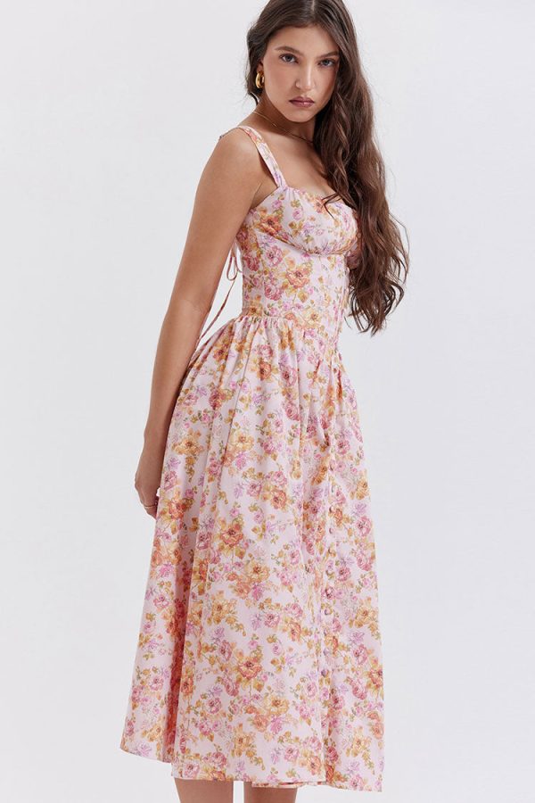 Sexy Square Neck Button Down Lace Up Fit & Flare Printed Midi Sundress - Floral Sexy Square Neck Button Down Lace Up Fit & Flare Printed Midi Sundress - Floral