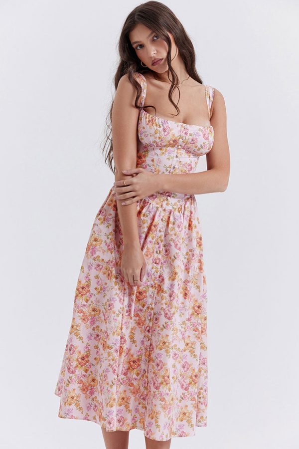 Sexy Square Neck Button Down Lace Up Fit & Flare Printed Midi Sundress - Floral Sexy Square Neck Button Down Lace Up Fit & Flare Printed Midi Sundress - Floral