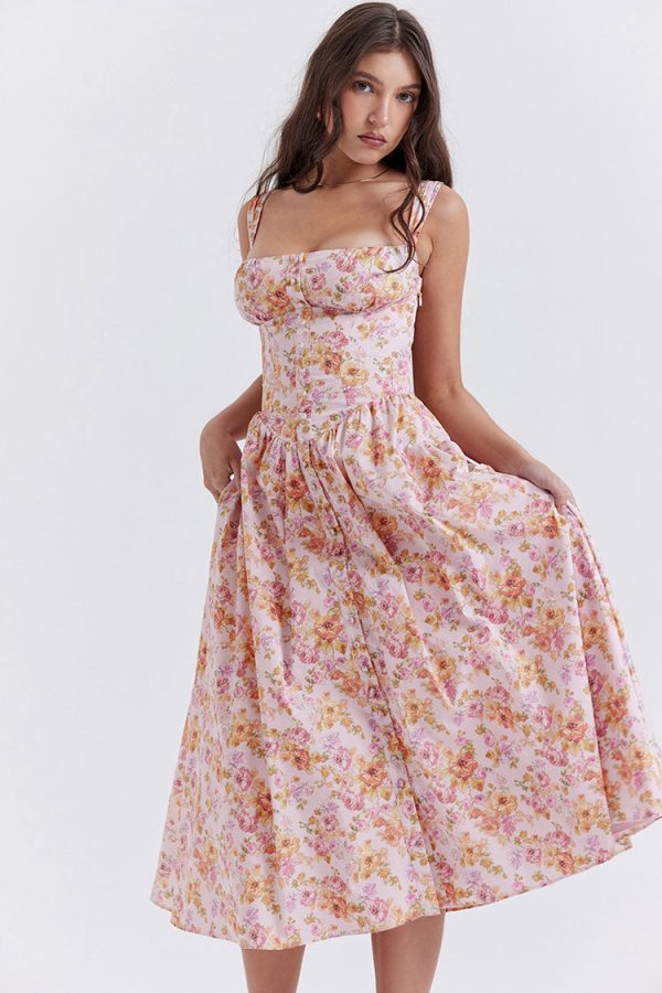 Sexy Square Neck Button Down Lace Up Fit & Flare Printed Midi Sundress - Floral Sexy Square Neck Button Down Lace Up Fit & Flare Printed Midi Sundress - Floral