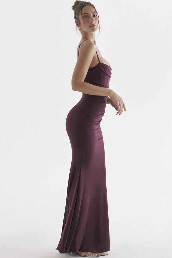 Sexy Square Neck Ruched Corset Fishtail Evening Maxi Dress - Fuchsia Sexy Square Neck Ruched Corset Fishtail Evening Maxi Dress - Fuchsia