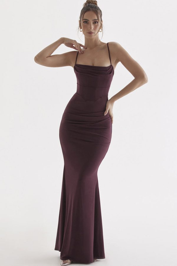 Sexy Square Neck Ruched Corset Fishtail Evening Maxi Dress - Fuchsia Sexy Square Neck Ruched Corset Fishtail Evening Maxi Dress - Fuchsia