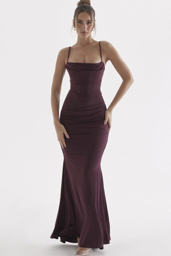 Sexy Square Neck Ruched Corset Fishtail Evening Maxi Dress - Fuchsia Sexy Square Neck Ruched Corset Fishtail Evening Maxi Dress - Fuchsia
