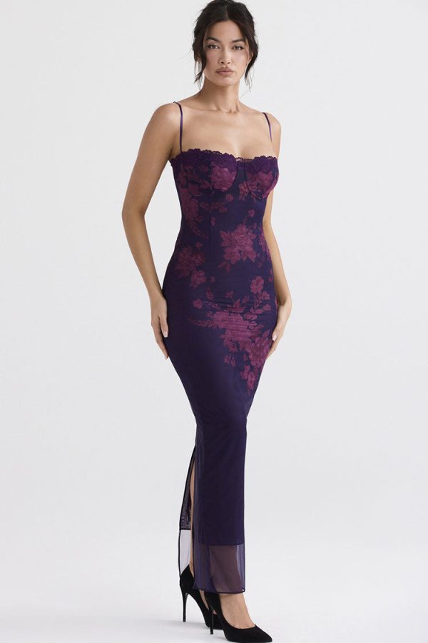 Sexy Sweetheart Bodycon Lace Mesh Sleeveless Printed Maxi Dress - Floral Sexy Sweetheart Bodycon Lace Mesh Sleeveless Printed Maxi Dress - Floral