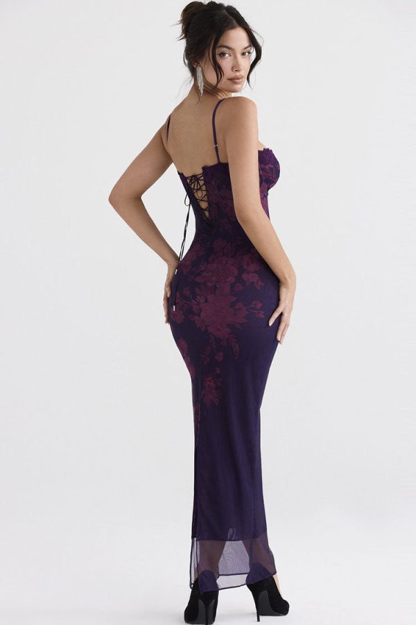 Sexy Sweetheart Bodycon Lace Mesh Sleeveless Printed Maxi Dress - Floral Sexy Sweetheart Bodycon Lace Mesh Sleeveless Printed Maxi Dress - Floral