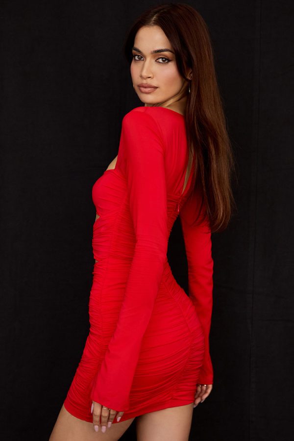 Sexy Sweetheart Long Sleeve Ruched Cutout Club Mini Dress - Red Sexy Sweetheart Long Sleeve Ruched Cutout Club Mini Dress - Red