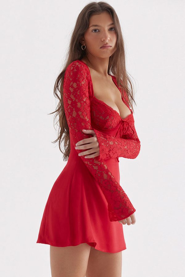 Sexy Sweetheart Tie Neck Long Sleeve Sheer Lace Satin Party Mini Dress - Red Sexy Sweetheart Tie Neck Long Sleeve Sheer Lace Satin Party Mini Dress - Red