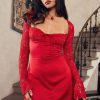 Sexy Sweetheart Tie Neck Long Sleeve Sheer Lace Satin Party Mini Dress - Red Sexy Sweetheart Tie Neck Long Sleeve Sheer Lace Satin Party Mini Dress - Red
