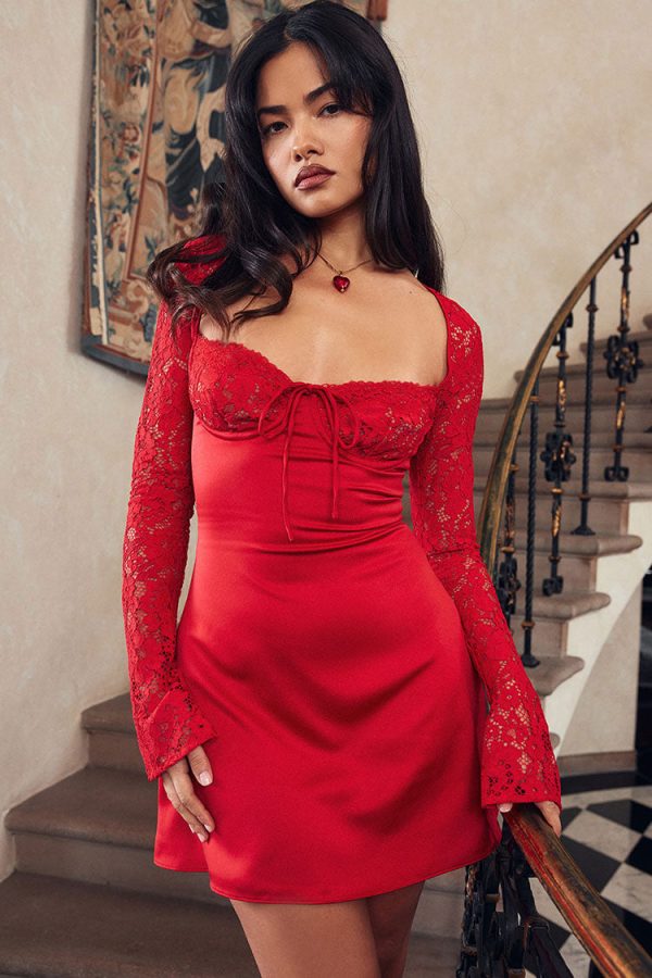 Sexy Sweetheart Tie Neck Long Sleeve Sheer Lace Satin Party Mini Dress - Red Sexy Sweetheart Tie Neck Long Sleeve Sheer Lace Satin Party Mini Dress - Red