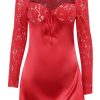 Sexy Sweetheart Tie Neck Long Sleeve Sheer Lace Satin Party Mini Dress - Red Sexy Sweetheart Tie Neck Long Sleeve Sheer Lace Satin Party Mini Dress - Red