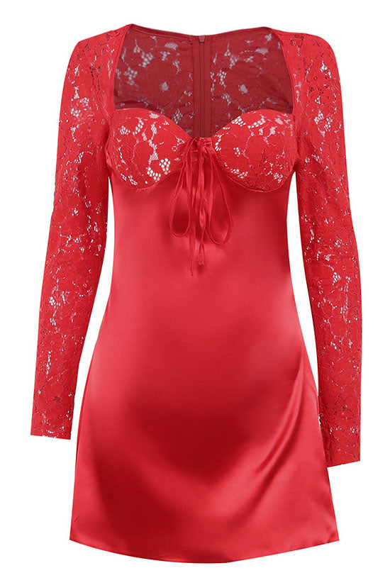 Sexy Sweetheart Tie Neck Long Sleeve Sheer Lace Satin Party Mini Dress - Red Sexy Sweetheart Tie Neck Long Sleeve Sheer Lace Satin Party Mini Dress - Red