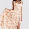 Sexy Tie Neck High Split Floral Printed Summer Midi Sundress - Beige Sexy Tie Neck High Split Floral Printed Summer Midi Sundress - Beige