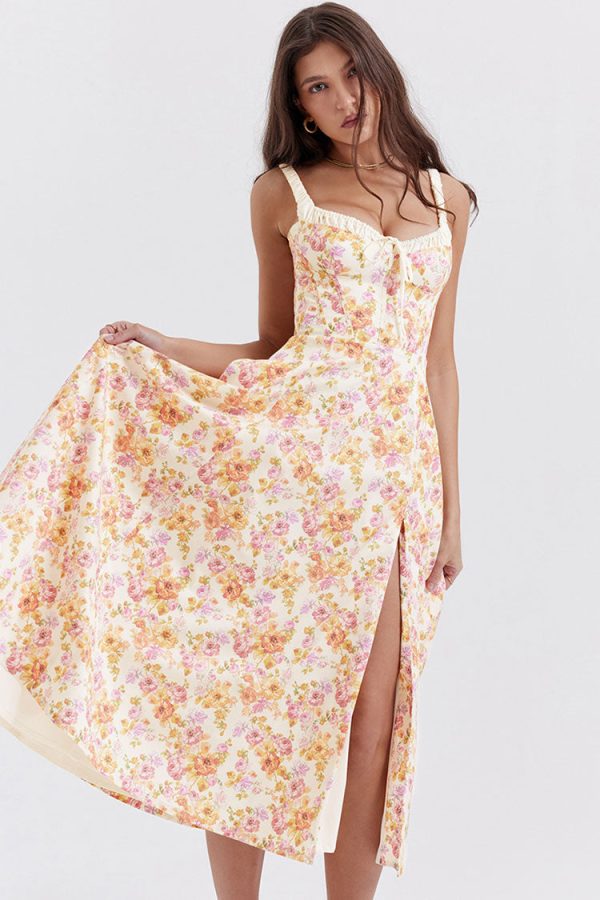 Sexy Tie Neck High Split Floral Printed Summer Midi Sundress - Beige Sexy Tie Neck High Split Floral Printed Summer Midi Sundress - Beige