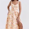 Sexy Tie Neck High Split Floral Printed Summer Midi Sundress - Beige Sexy Tie Neck High Split Floral Printed Summer Midi Sundress - Beige