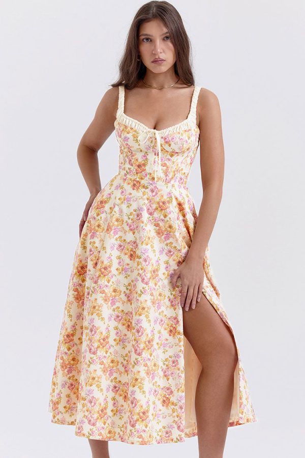 Sexy Tie Neck High Split Floral Printed Summer Midi Sundress - Beige Sexy Tie Neck High Split Floral Printed Summer Midi Sundress - Beige