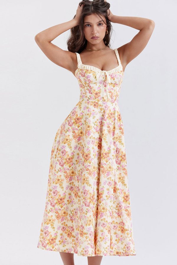 Sexy Tie Neck High Split Floral Printed Summer Midi Sundress - Beige Sexy Tie Neck High Split Floral Printed Summer Midi Sundress - Beige