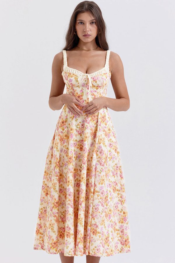 Sexy Tie Neck High Split Floral Printed Summer Midi Sundress - Beige Sexy Tie Neck High Split Floral Printed Summer Midi Sundress - Beige