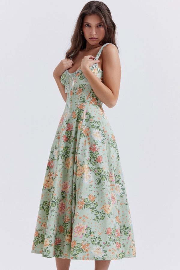 Sexy Tie Neck High Split Floral Printed Summer Midi Sundress - Green Sexy Tie Neck High Split Floral Printed Summer Midi Sundress - Green